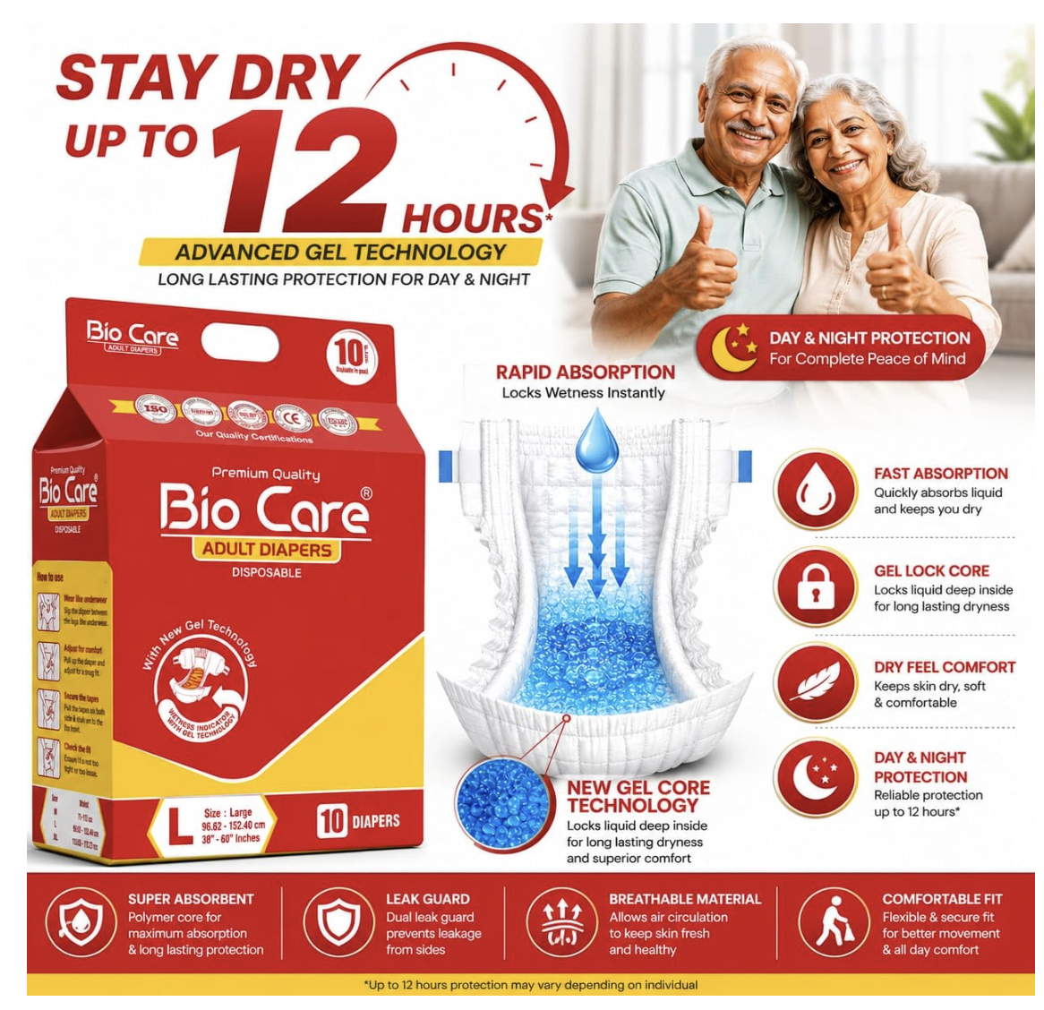 Bio Care Premium Adult Diapers (Tape Type) - Pack of 10 pcs thumbnail 3