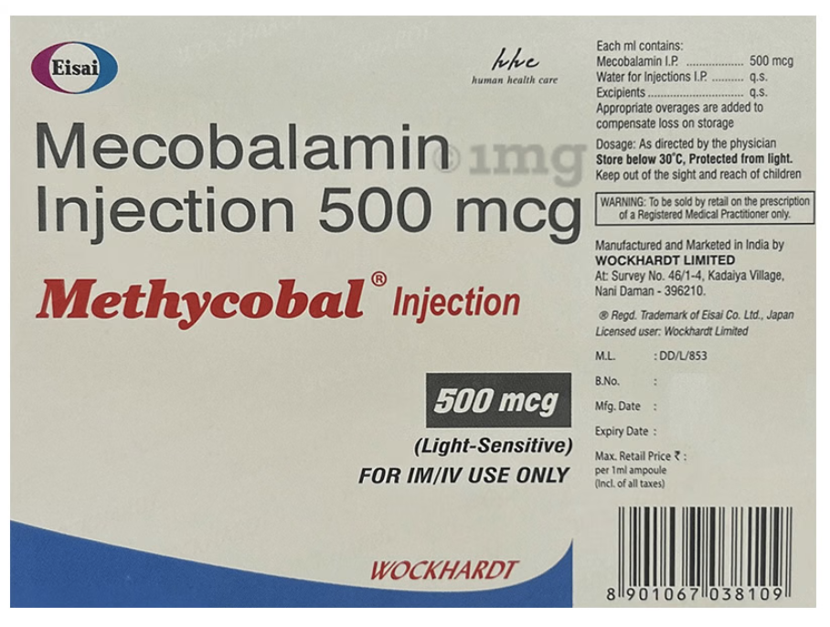 Wockhardt -Methycobal Injection (500mcg) -1ml thumbnail 2