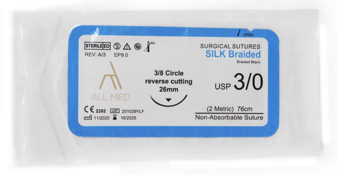 All Med Silk Braided 3-0 3/8 Circle Reverse Cutting Suture- 26mm by All Med โ buy wholesale in Hyderabad